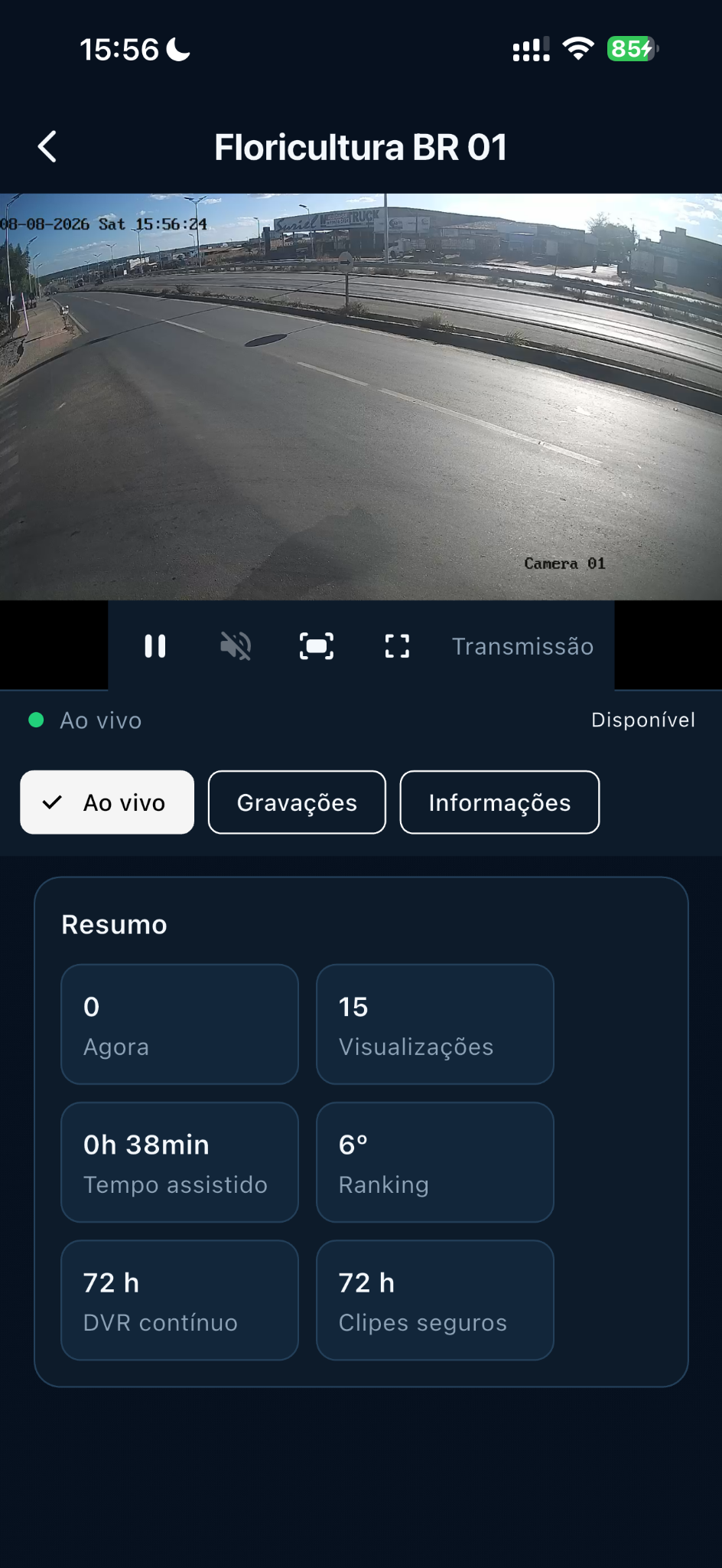 Câmera ao vivo no aplicativo Flow CAM