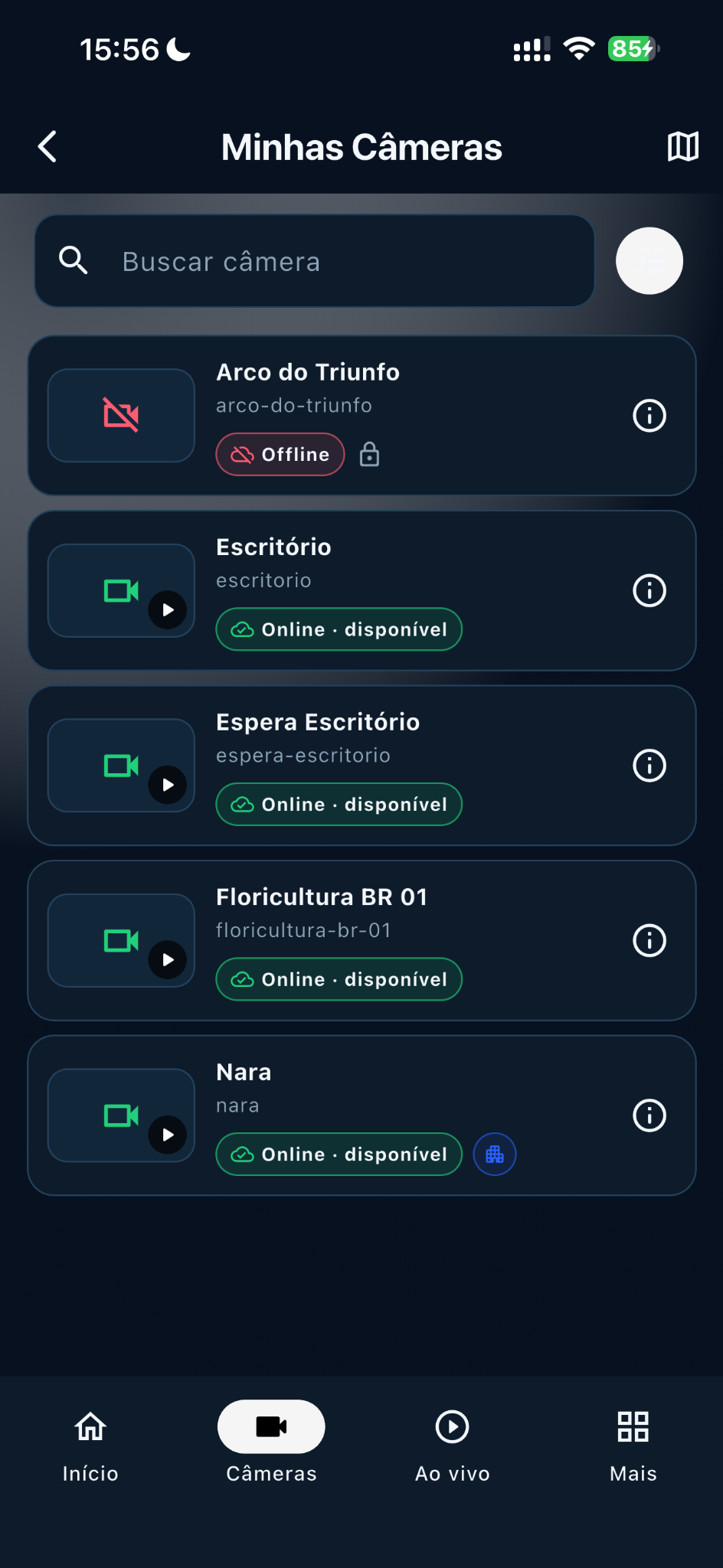 Lista de câmeras no aplicativo Flow CAM